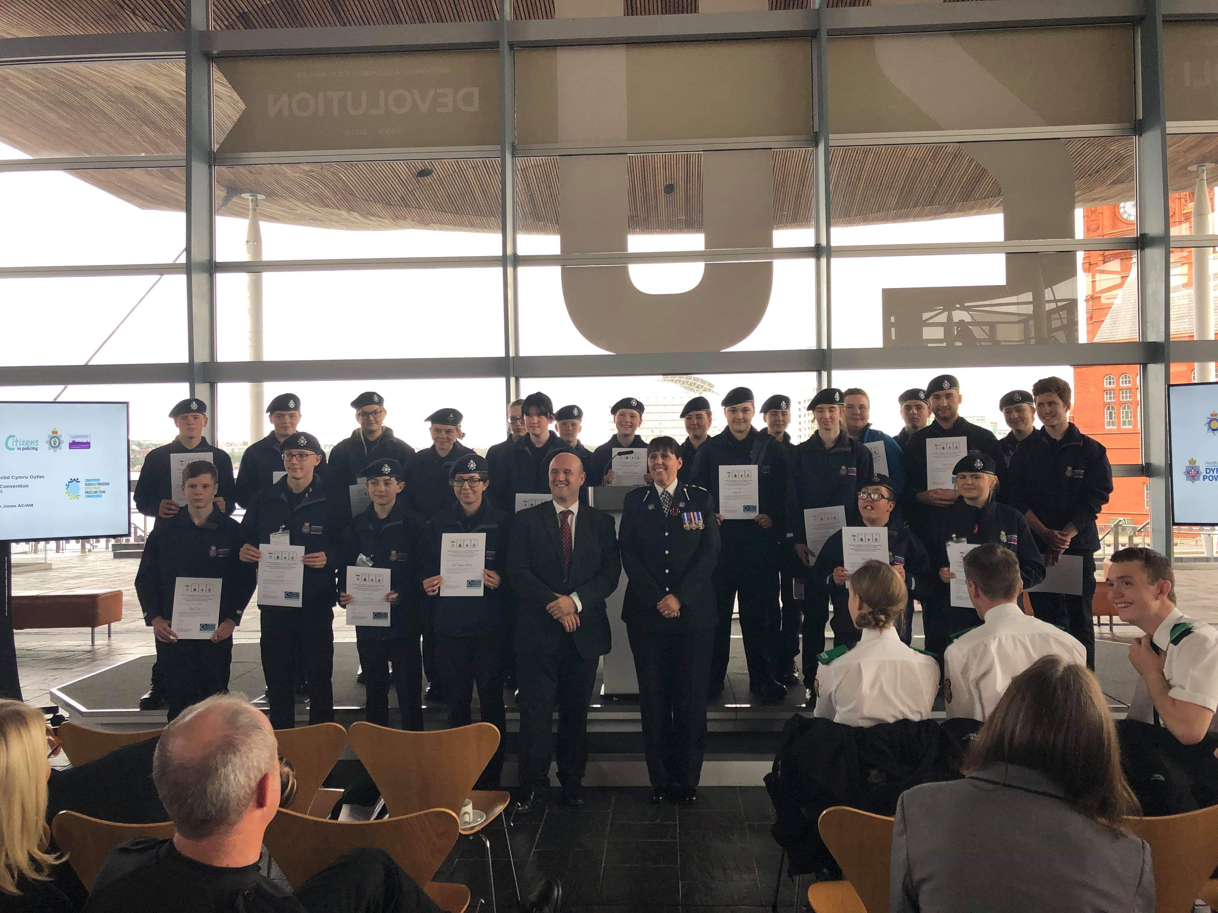Police Cadets presented with certificates by Police and Crime Commissioner Dafydd Llywelyn and T/Deputy Chief Constable Claire Parmenter