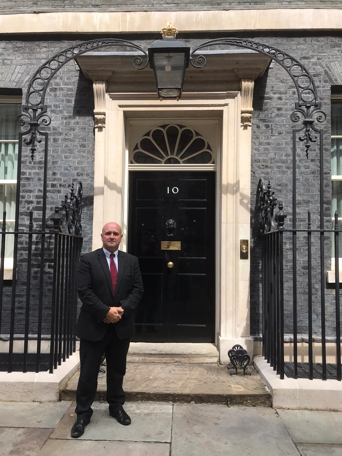 Police and Crime Commissioner Dafydd Llywelyn outside Number 10, Downing Street for a meeting with the UK Government to discuss the Beating Crime Plan