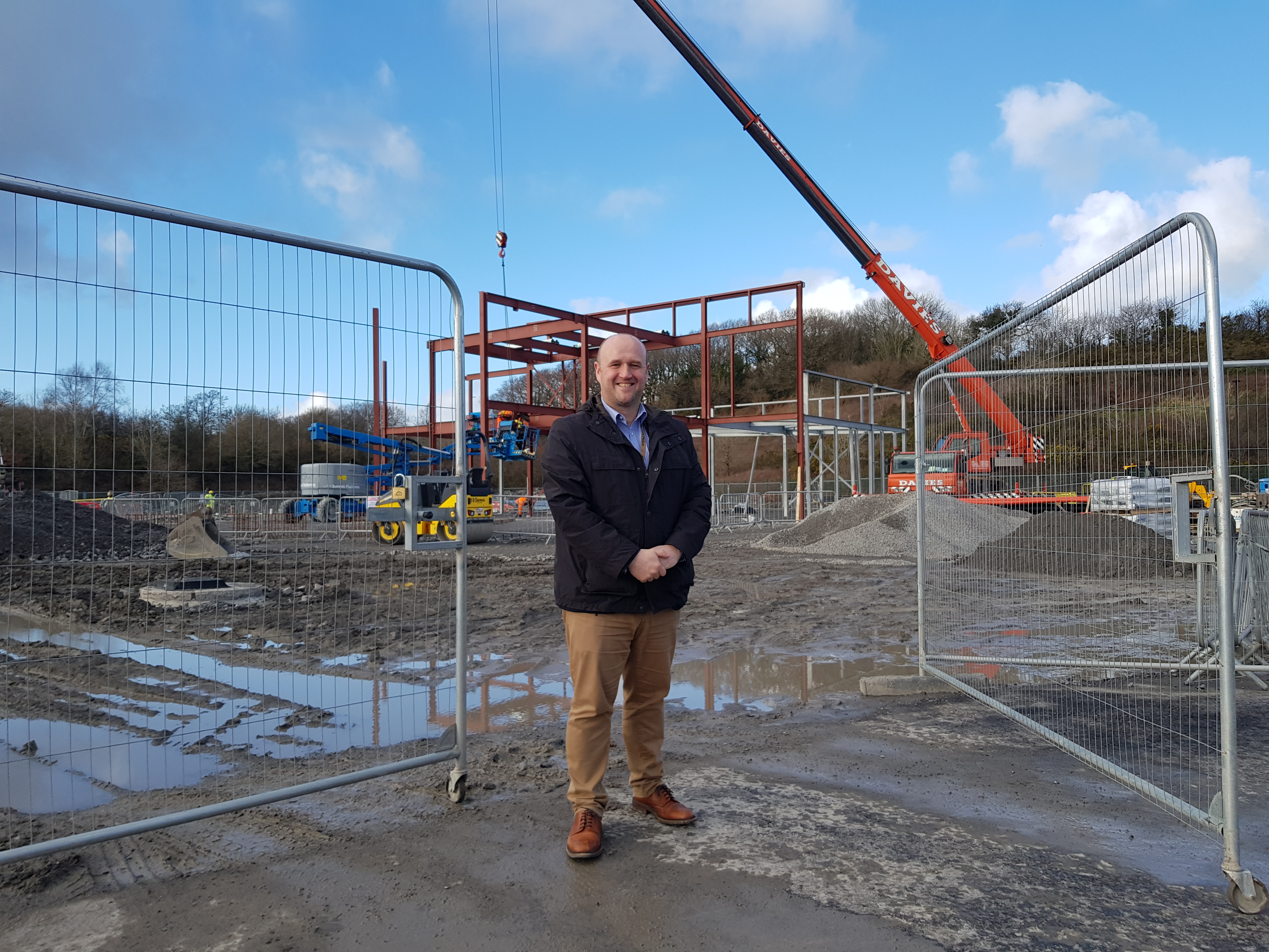 PCC Dafydd Llywelyn at construction site of new Carmarthenshire Custody Suite and Policing Hub, in Dafen Llanelli.