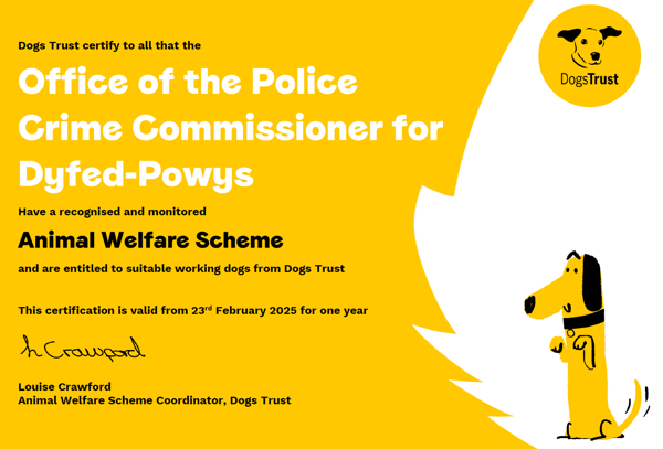 Certificate of recognition from the Dog's Trust